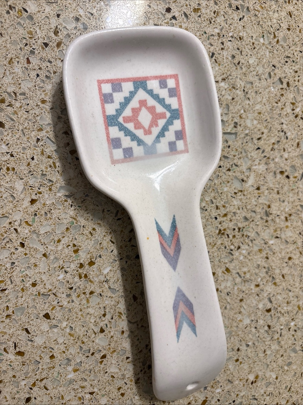 White Ceramic Spoon Rest with Southwestern Teal & Coral Pattern figi graphics